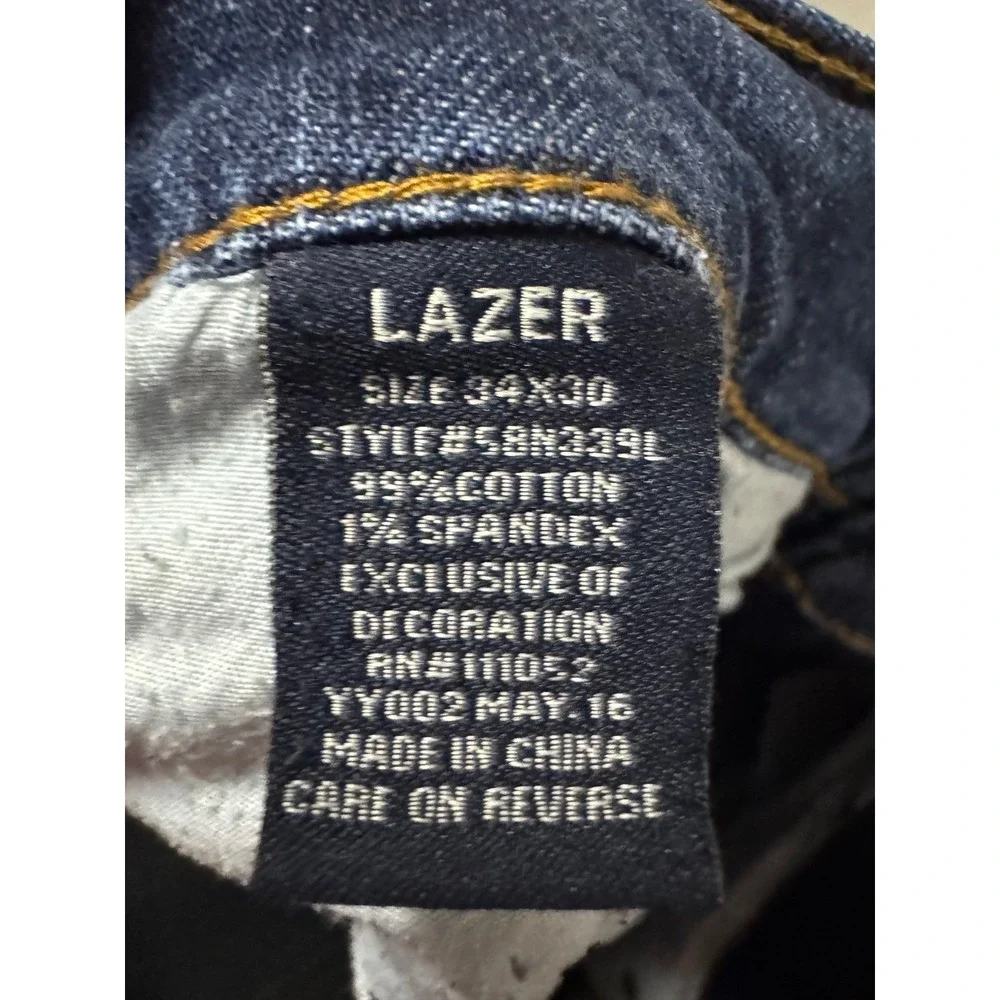 LAZER Mens 34x30 Blue Wash‎ Distressed Denim Jeans Straight Fit